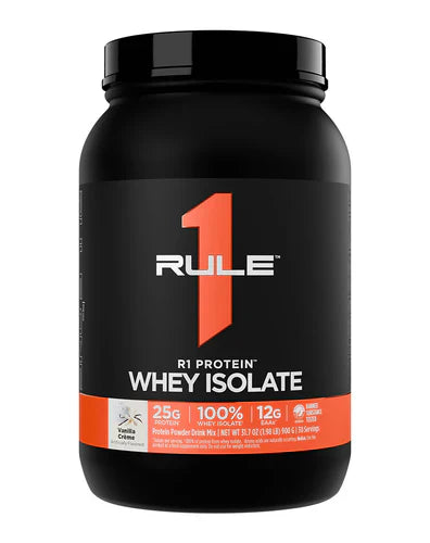 Rule 1 Protein Isolate vanilla crème flavor in a 2lb container, showing the front label with the product name and branding.