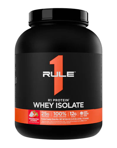 Rule 1 Protein Isolate container with strawberries and cream flavor, 5lb size, showing the product front label and packaging.