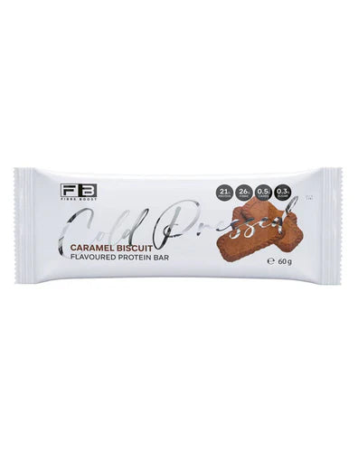 Fibre Boost Protein Bar with caramel biscuit flavor, cold-pressed, showing the textured chocolate coating and caramel filling inside.