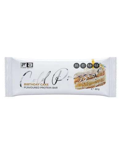 Fibre Boost Protein Bar in birthday cake flavor, showcasing the cold-pressed bar with textured surface and colorful birthday cake ingredients
