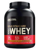 Optimum Nutrition 100% Gold Standard Whey protein powder container with label and scoop on a white background.