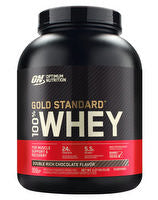 Optimum Nutrition 100% Gold Standard Whey protein powder container with label and scoop, showing the product's branding and packaging.
