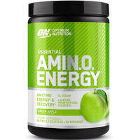 Optimum Nutrition Amin.O. Energy dietary supplement in a container with a scoop and flavor powder, designed for energy and amino support.