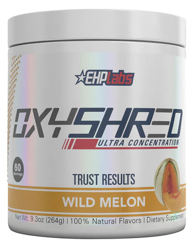 EHP LABS OXYSHRED dietary supplement container with label, featuring green and white branding and product details.