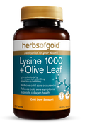 Herbs of Gold Lysine 1000 with olive leaf capsules, dietary supplement in a white bottle with label, natural herbal health product