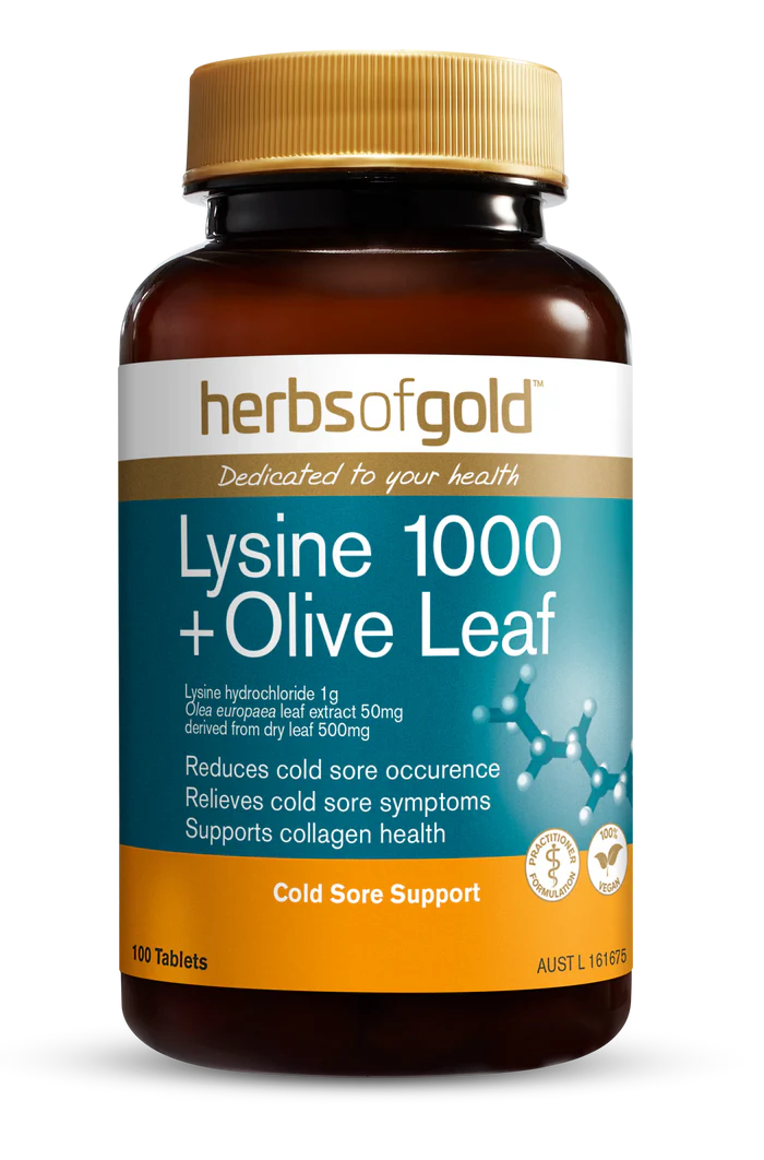 Herbs of Gold Lysine 1000 with olive leaf capsules, dietary supplement in a white bottle with label, natural herbal health product