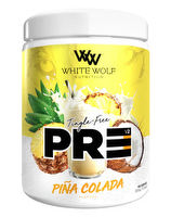 WhiteWolf Nutrition WHITE WOLF PR3 V2 supplement container, black and white packaging with label and product details.