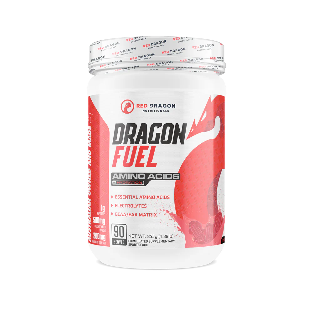 Red Dragon Nutritionals RDN Dragon Fuel Aminos + Hydration supplement container with label showing product details.