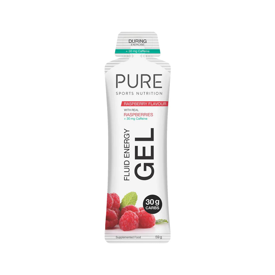 Pure Sports Nutrition Pure Fluid Energy Gel in a squeezable packet, designed for quick energy during sports and workouts.