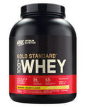 Optimum Nutrition 100% Gold Standard Whey protein powder jar with label and scoop on a white background