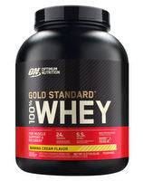 Optimum Nutrition 100% Gold Standard Whey protein powder jar with label and scoop on a white background