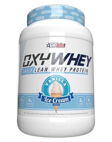 EHP LABS OXYWHEY protein supplement container with label and scoop, showcasing the EHP LABS brand and product packaging.