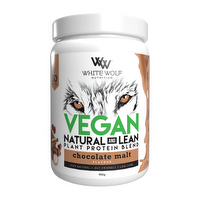 WhiteWolf Nutrition Vegan Protein Blend in a white container with label, showcasing the plant-based protein supplement.