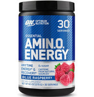 Optimum Nutrition Amin.O. Energy supplement container with label, featuring green and black design, on a white background.