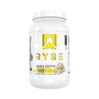 RYSE LOADED PROTEIN supplement container with label showing flavor and nutritional info, in a clean, modern design.