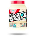 GHOST WHEY protein supplement in a black container with GHOST branding, featuring a modern label design and nutritional information.
