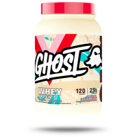 GHOST WHEY protein supplement in a black container with GHOST branding, featuring a modern label design and nutritional information.