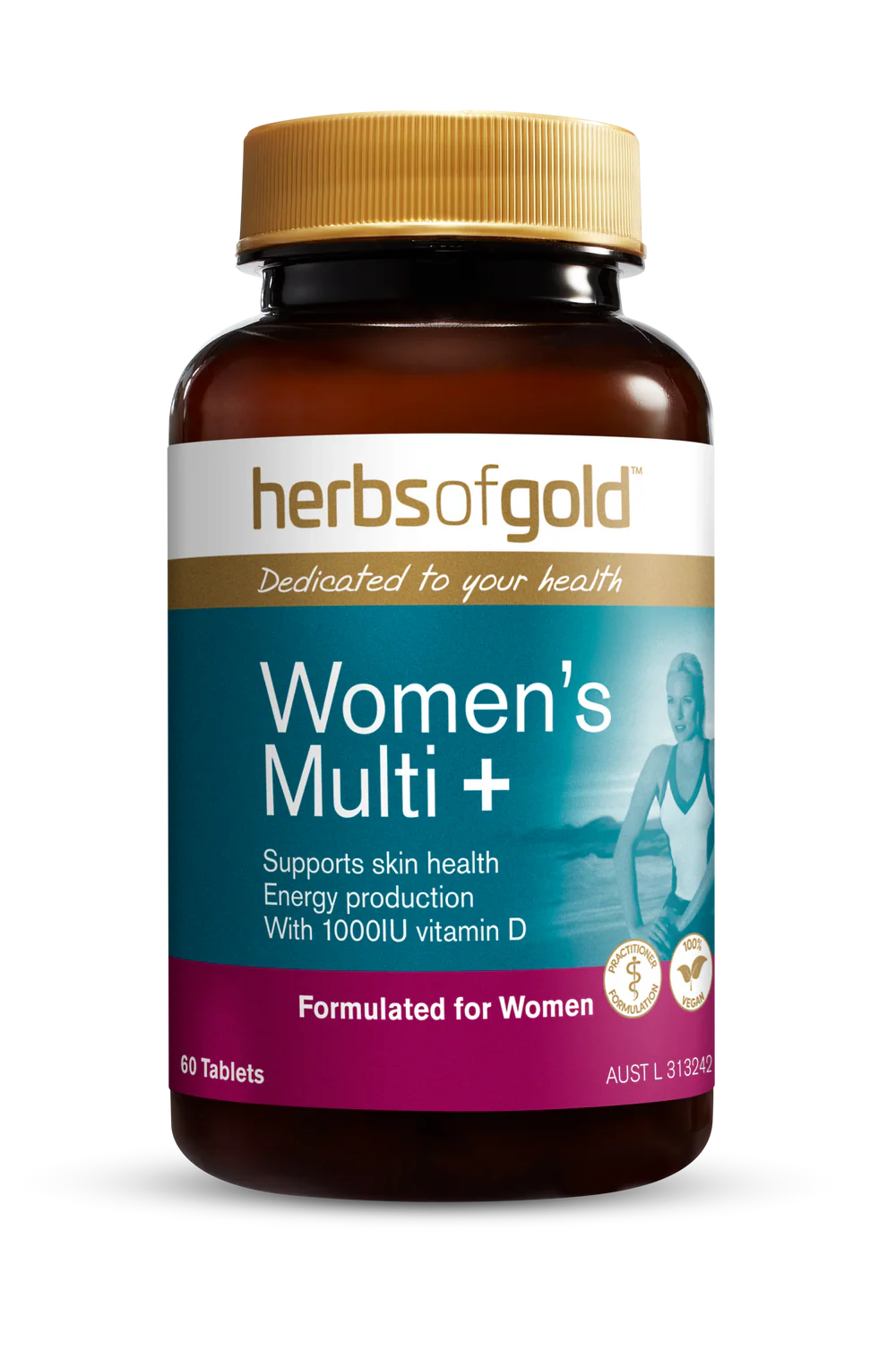 Herbs of Gold Women's Multi+ supplement bottle with colorful label, showcasing herbal ingredients and product branding.
