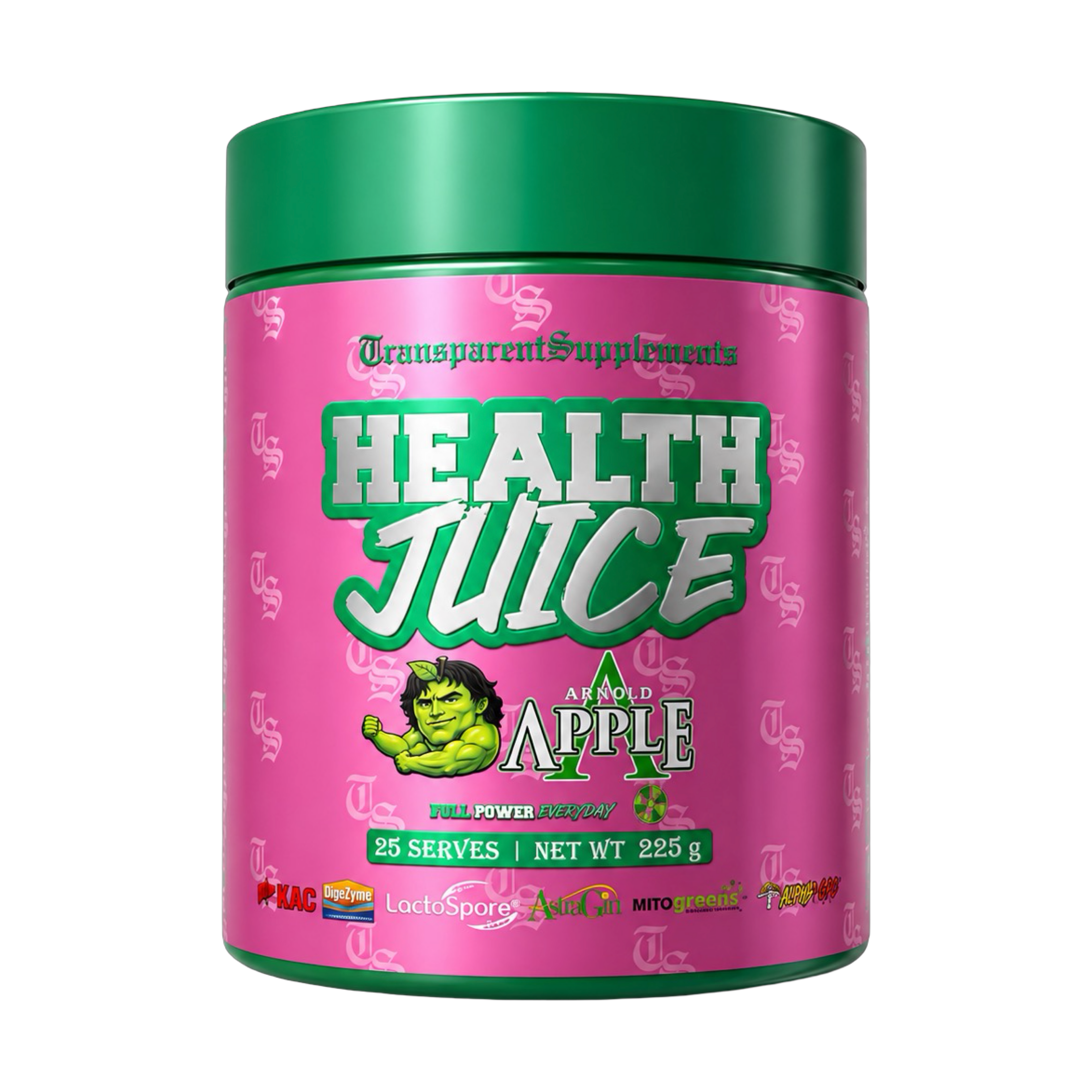 Bottle of The X Athletics Daily Greens health juice with fresh greens and vibrant label, promoting health and wellness.
