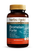 Herbs of Gold Bromelain Forte supplement bottle with label, featuring the herbal supplement for inflammation and muscle support.