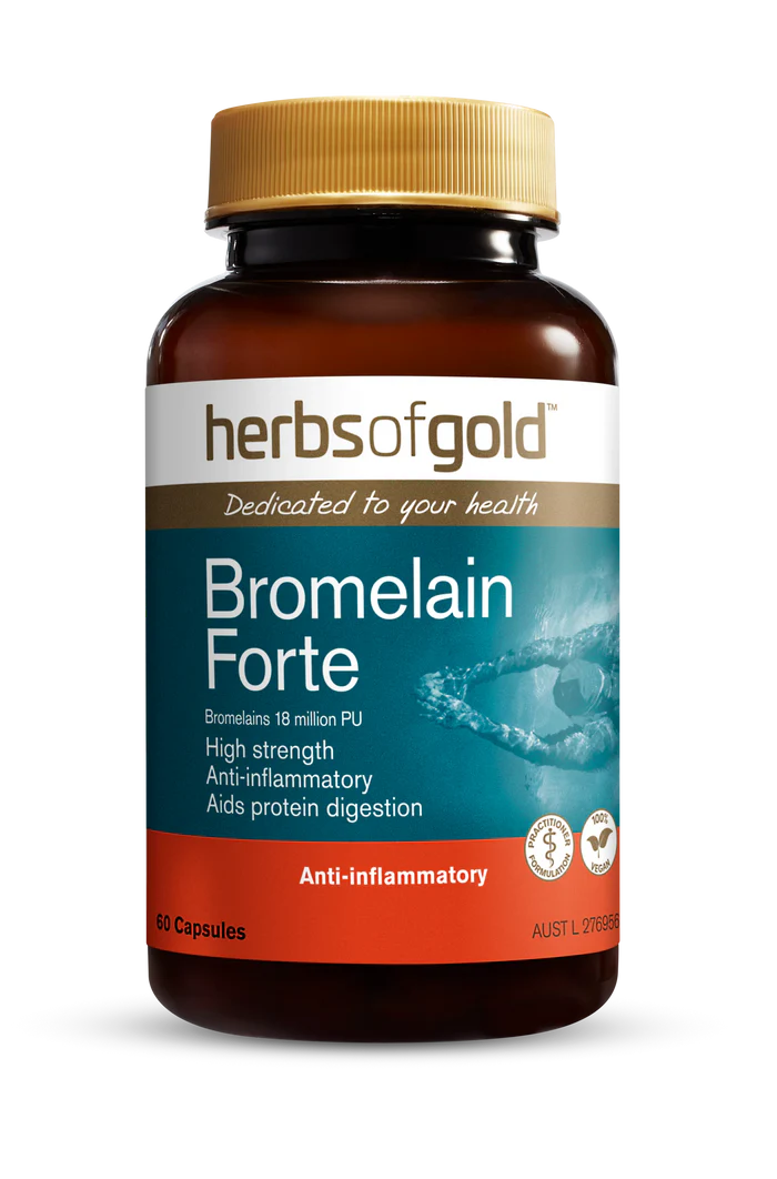 Herbs of Gold Bromelain Forte supplement bottle with label, featuring the herbal supplement for inflammation and muscle support.