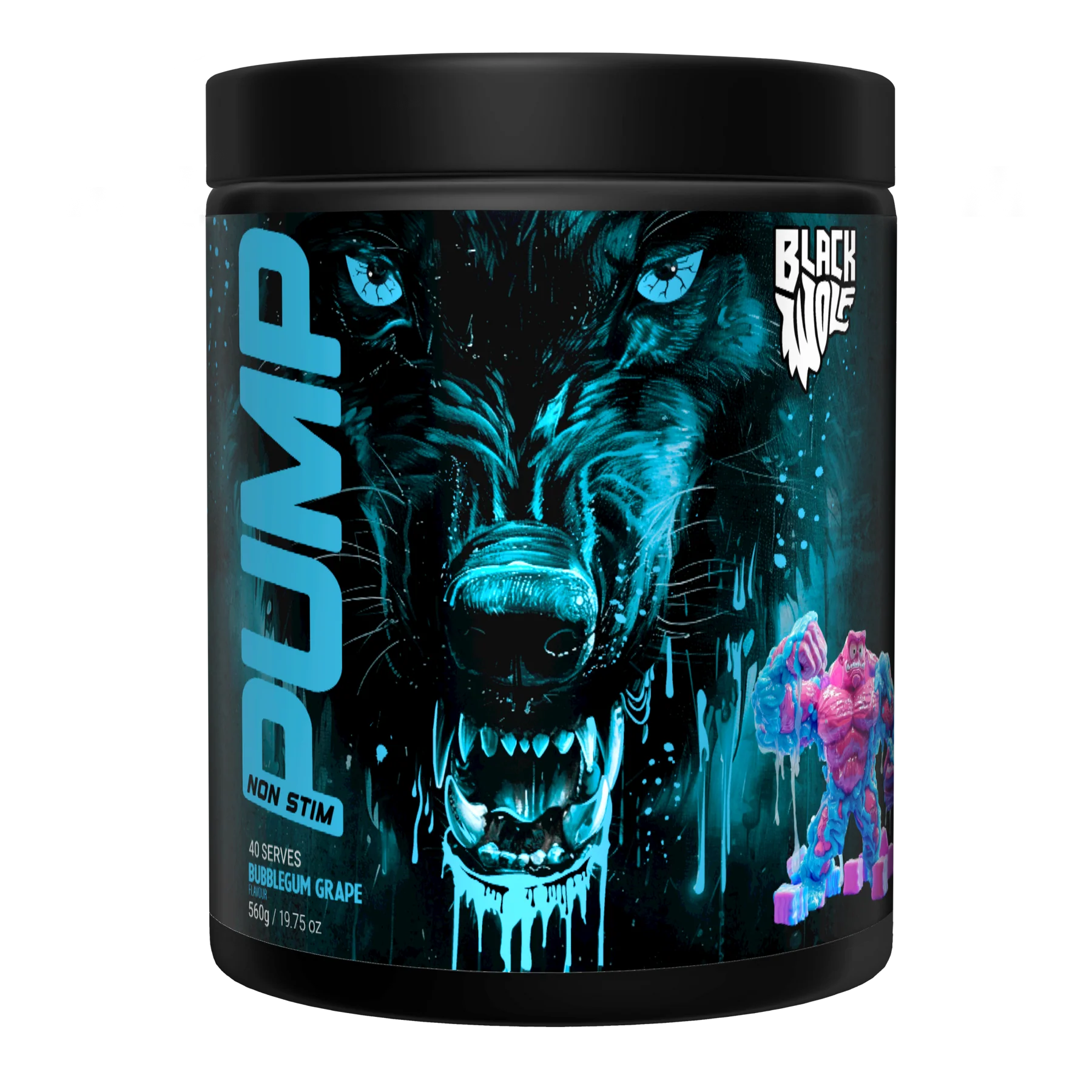 Black Wolf Pump by Black Wolf Nutrition container with black and silver label, showing the supplement powder inside.