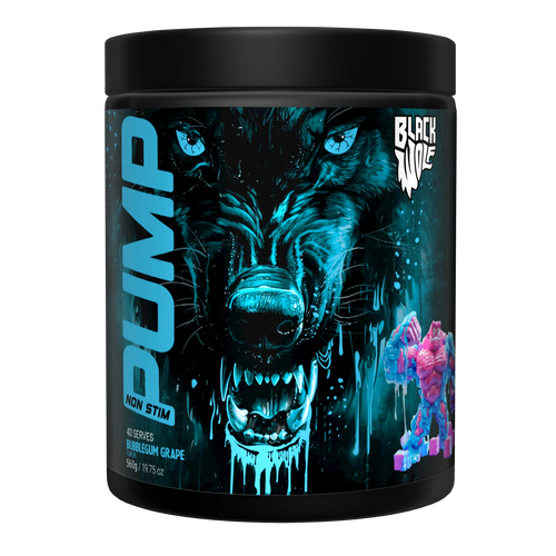 Black Wolf Pump by Black Wolf Nutrition container with black and silver label, showing the supplement powder inside.