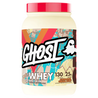 GHOST Whey protein powder tub with GHOST branding, showing the label and product packaging on a clean white background.