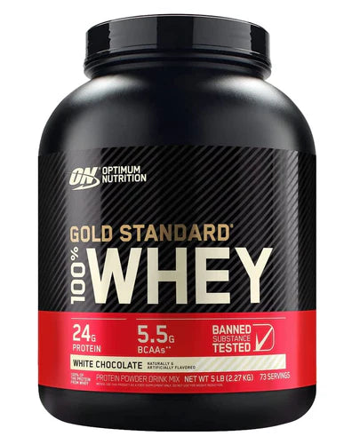 Optimum Nutrition 100% Gold Standard Whey protein powder container with label and scoop in front.