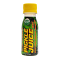 Bottle of Pickle Juice Shot by Pickle Juice brand, showing the clear liquid inside with a label featuring pickle imagery.