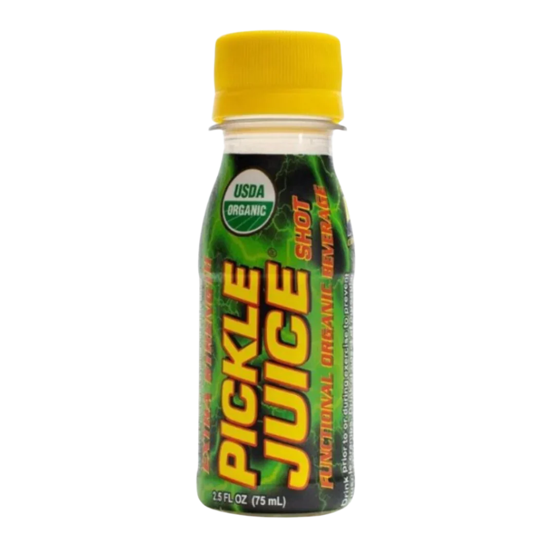Bottle of Pickle Juice Shot by Pickle Juice brand, showing the clear liquid inside with a label featuring pickle imagery.