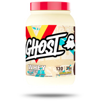 GHOST WHEY protein powder in a black container with a colorful label, displayed in a well-lit setting.
