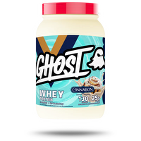 GHOST Whey protein supplement container with GHOST branding and label, featuring a sleek black and white design.