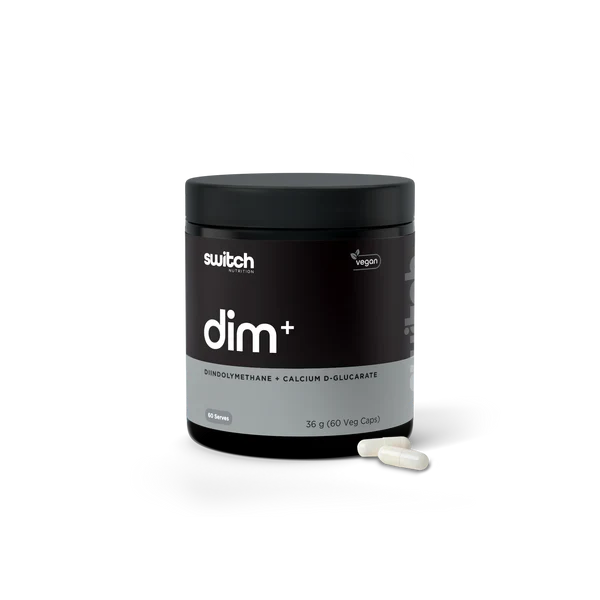 Switch Nutrition DIM+ supplement bottle with label showing capsules, used for hormone balance and hormonal health.