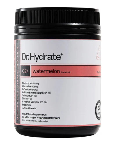 Bottle of DR HYDRATE Dr. Hydrate Electrolytes drink with colorful label and cap, designed for hydration and replenishing electrolytes.