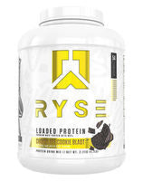 RYSE Loaded Protein supplement jar from RYSE UP, showing the black and white label design and product packaging.