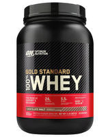 Optimum Nutrition 100% Gold Standard Whey protein powder container with label and scoop, showcasing the supplement's packaging and branding.