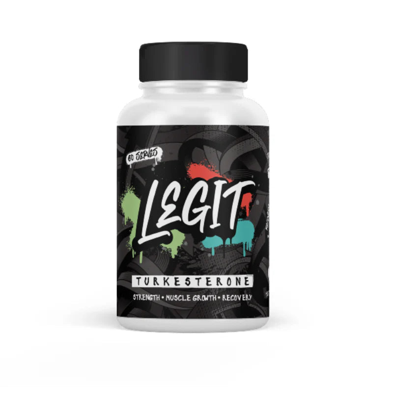 Legit Supps Turkesterone supplement bottle with label, featuring white and orange packaging and product details.