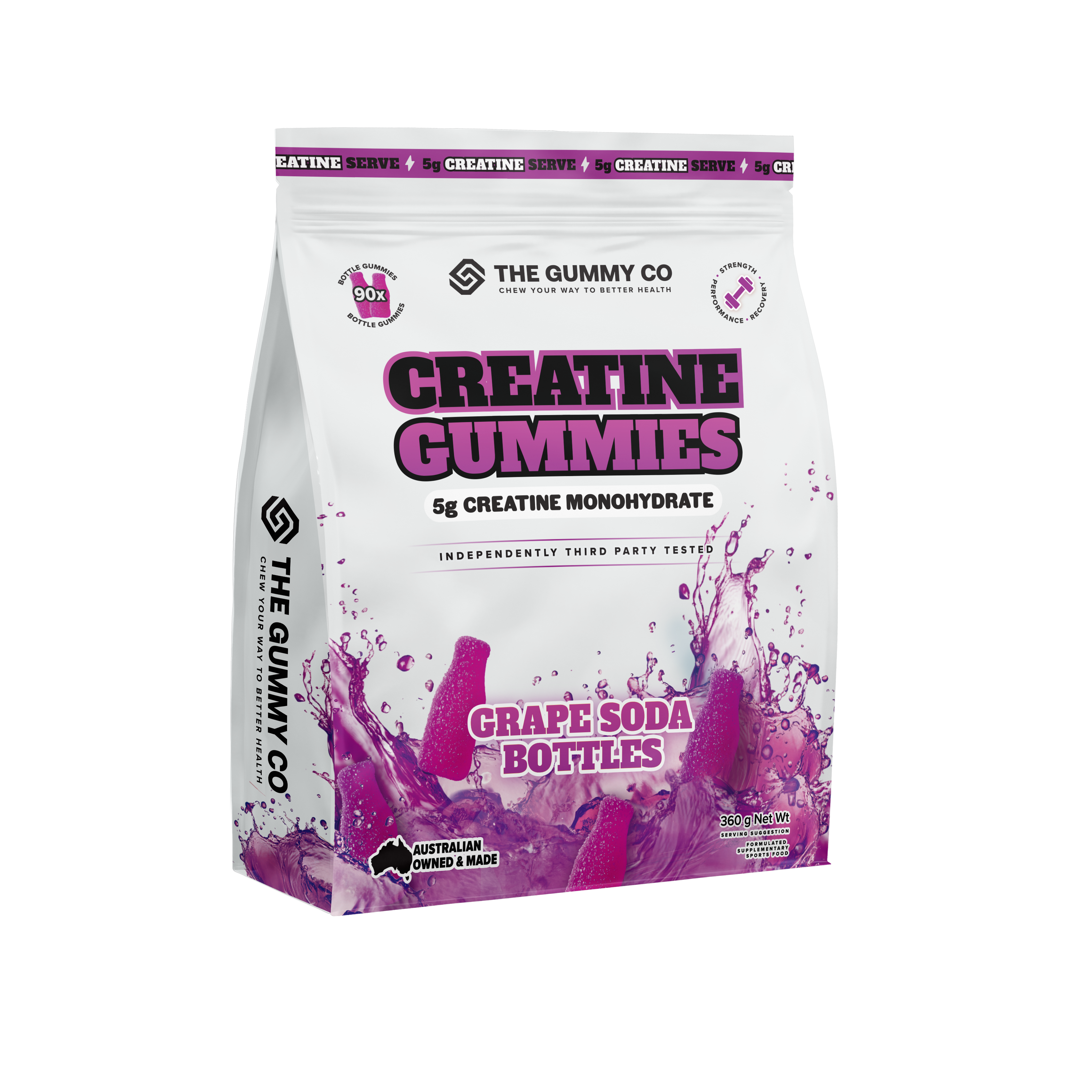 TGC Creatine Gummies by The Gummy Co, showing colorful gummy supplement chews in a clear container.