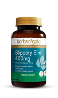 Herbs of Gold Slippery Elm 400mg supplement bottle with label and cap, showing herbal product for soothing digestion.