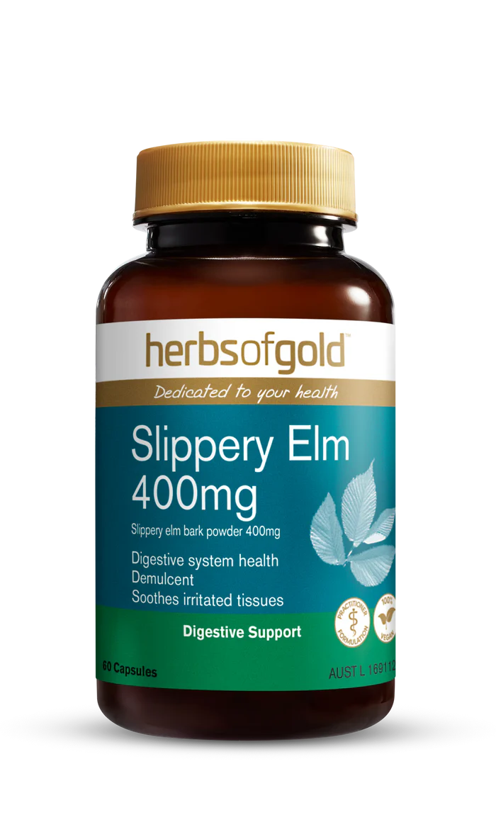 Herbs of Gold Slippery Elm 400mg supplement bottle with label and cap, showing herbal product for soothing digestion.