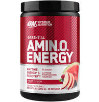 Optimum Nutrition Amin.O. Energy supplement container with colorful label and scoop, showing the product inside.
