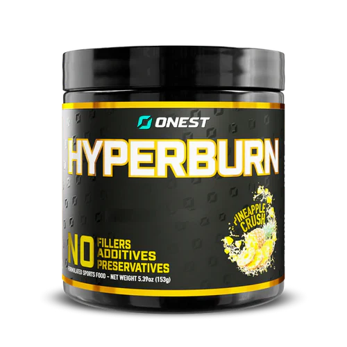 ONEST HYPERBURN energy drink can featuring a pineapple crush flavor with vibrant colorful design and branding on the label