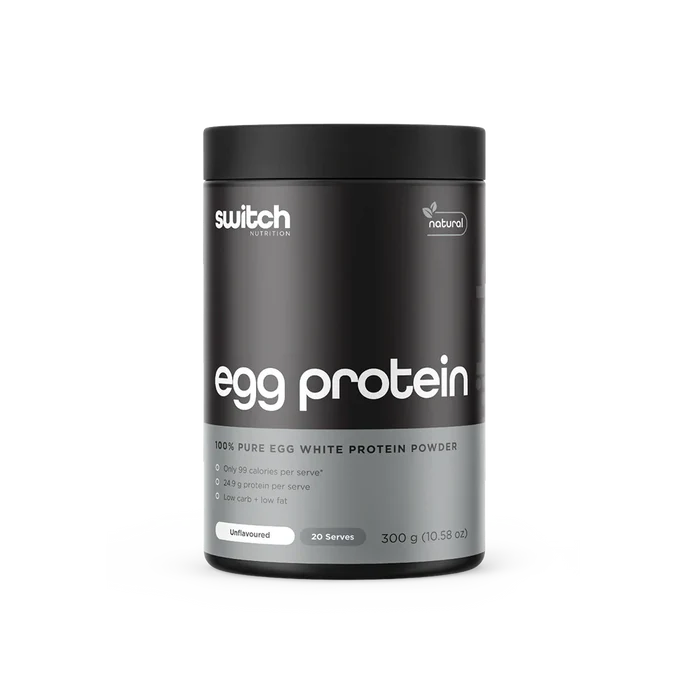 Switch Nutrition Egg White Protein Powder container with label showing product details and branding on a plain background.