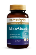 Herbs of Gold Macu-Guard dietary supplement bottle with label, featuring herbal ingredients for urinary health support.
