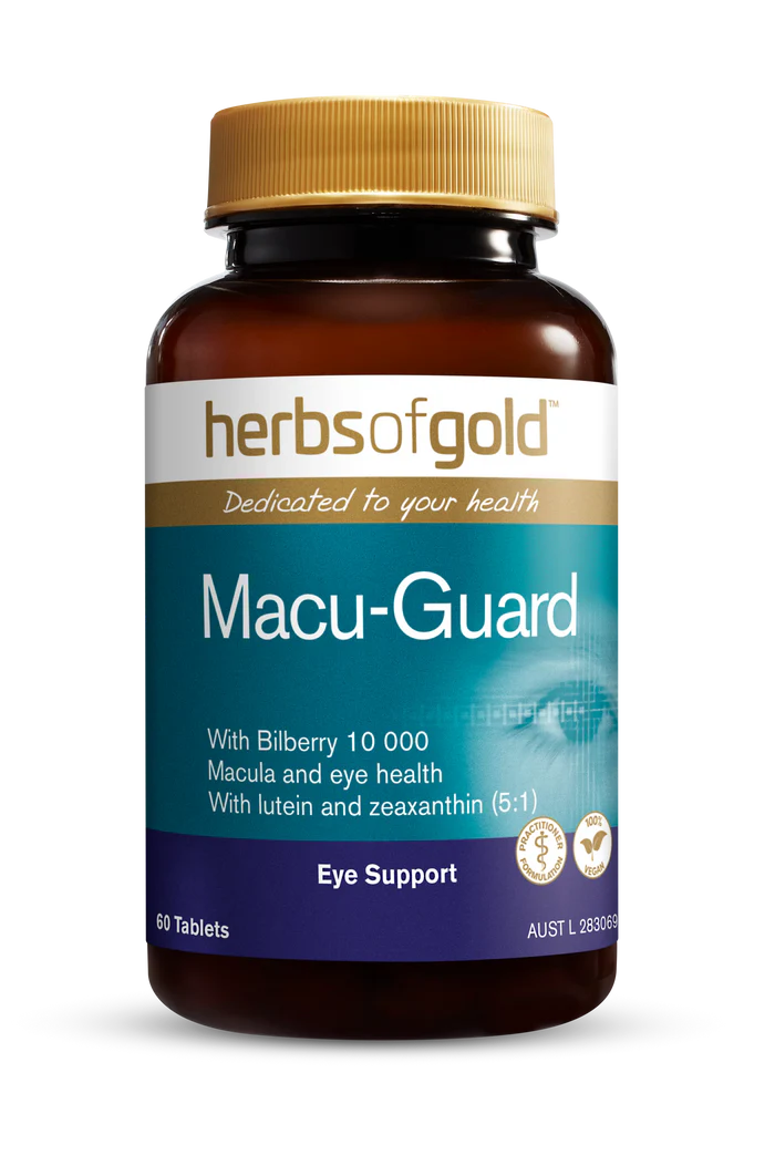 Herbs of Gold Macu-Guard dietary supplement bottle with label, featuring herbal ingredients for urinary health support.