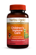 Herbs of Gold Children's Immune Care supplement bottle with herbal ingredients and label, designed for kids' immune support.