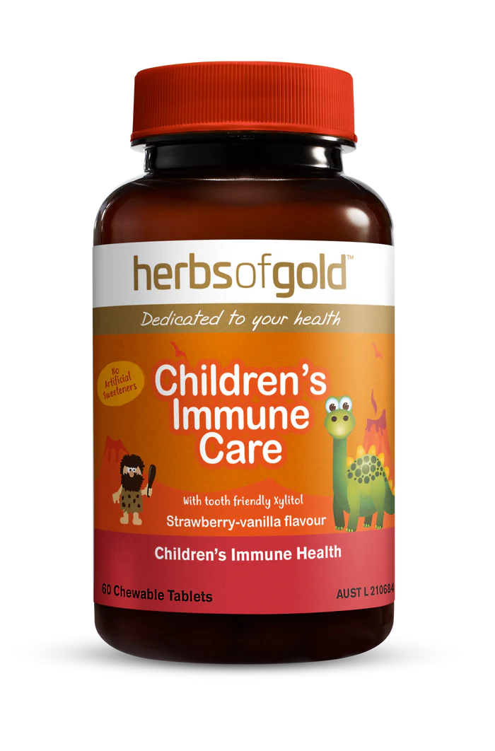 Herbs of Gold Children's Immune Care supplement bottle with herbal ingredients and label, designed for kids' immune support.