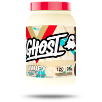 GHOST WHEY protein powder container with black and white label, featuring GHOST branding and product details on the label.