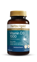 Bottle of Herbs of Gold Vitamin D3 1000 IU supplement with label showing product details and branding.
